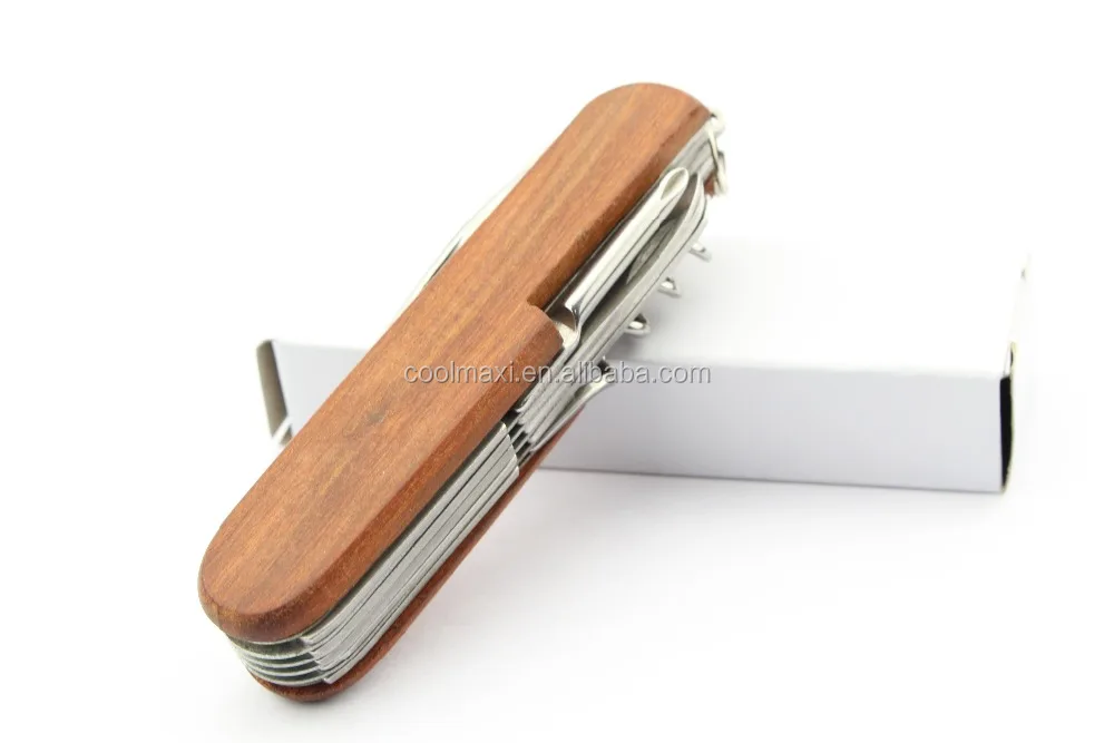 Stainless Steel pocket folding knife with wooden handle for 11 function tools