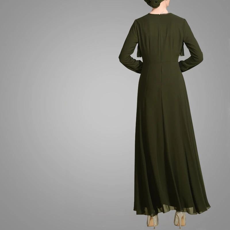 Model Style Islamic Clothing Arm Green And Ruffle Muslim Burka Long Sleeves Maxi Dress Latest Design of Pictures For Women
