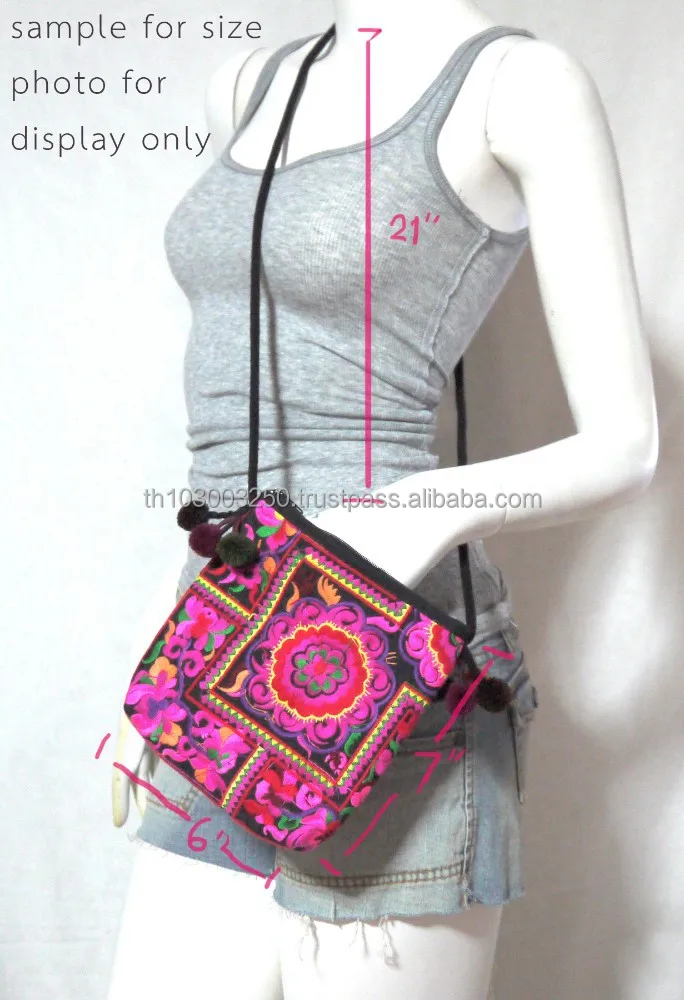 VTG HIPPIE BOHO Thai Pom Pom Handmade Embroidery Yamm Pouch hmong Hill Tribe Bag Small String Bag Messenger Crossbody U