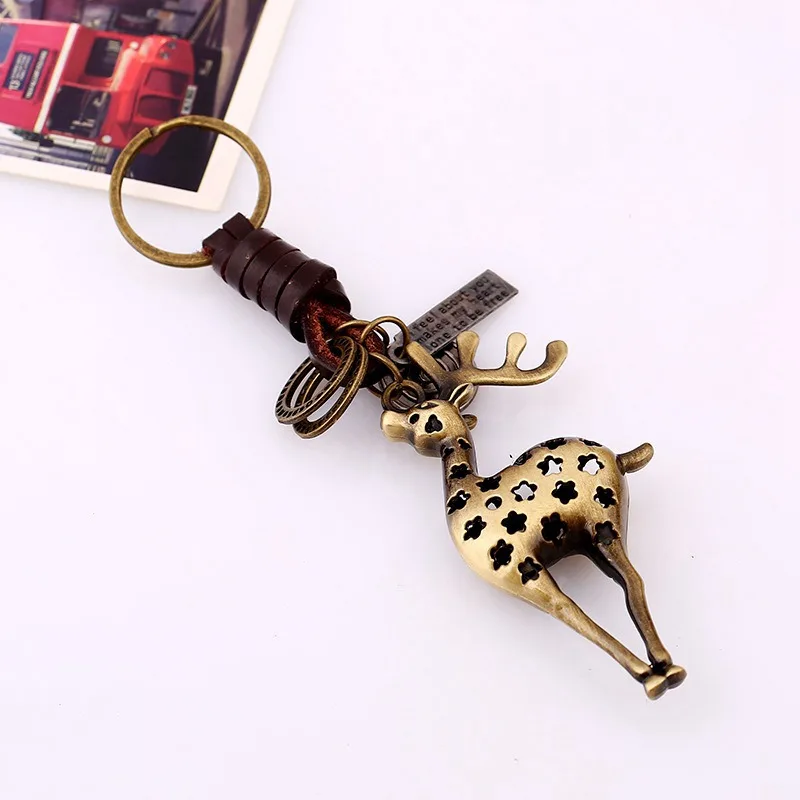 YK Latest Gift 2019 New Product Promotional Item Genuine Leather Vintage Alloy Sika Deer Keychain