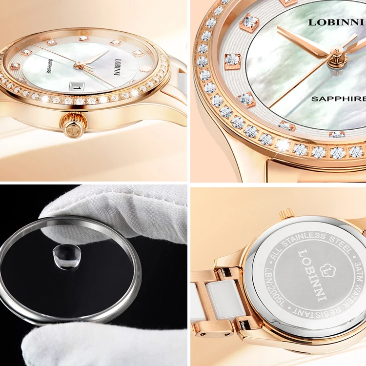 LOBINNI 2005L 12S/24H Lady Fashion Watch Business Luxury Brand Watches for Women 2019 Stainless Steel Ceramic Pointer