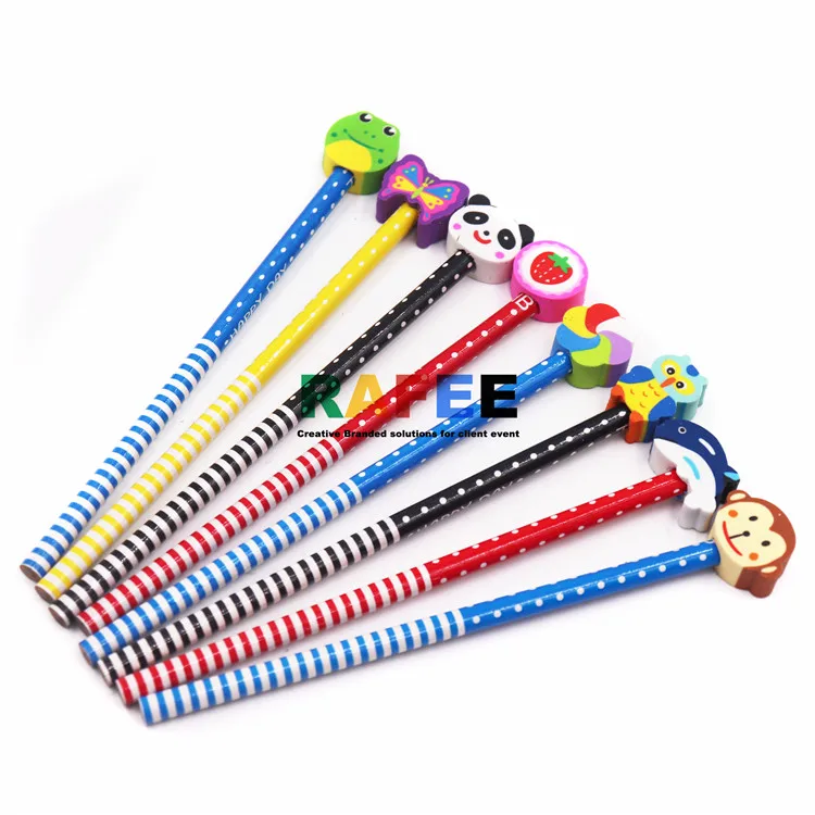 Office School Supplies Students Children Gift  Colorful Stripe Wooden Pencil With DIY Detachable Novelty Cartoon Animal Eraser