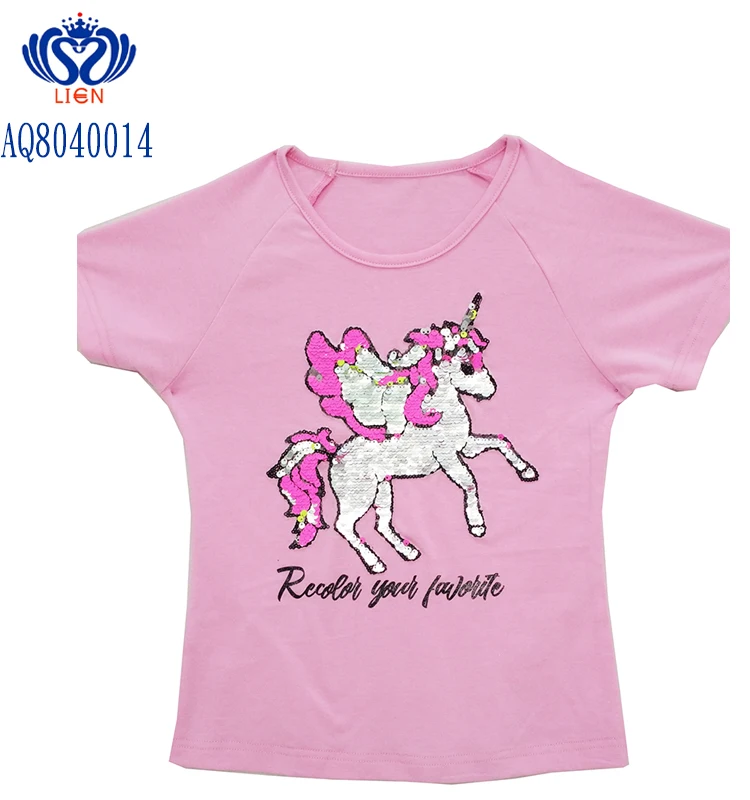 
Double side unicorn sequin patch prink kids summer shirt, flipping sequin little girls summer shirt, reversible sequin t-shirt 