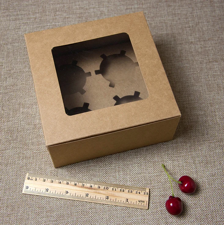 Kraft white paper 4-pane cup cake foldable box sri lanka design custom packaging flat lid egg tart box with pvc window wholesale