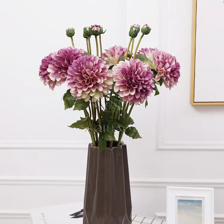 Decorative 2 Heads Silk Pompon Dahlias Pinnata Artificial Dahlia Yellow Chrysanthemum Flowers for Sale