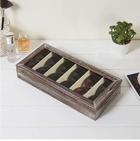 Torched Wood 6 Slot Sunglasses Eyewear Display Storage Wooden Organizer Box