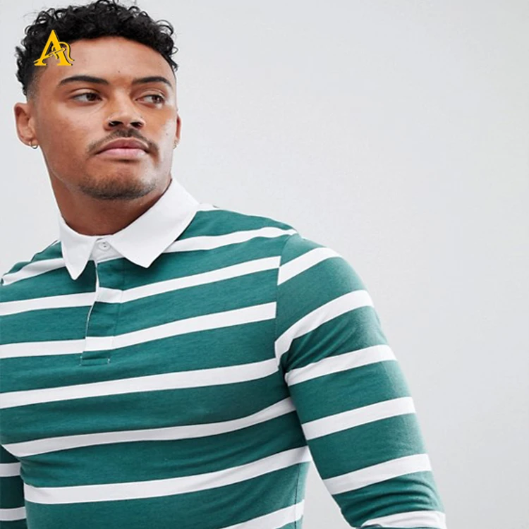 
Fashion High Quality Men Cotton White and Green Stripe T Shirt Long Sleeve Polo Shirt 