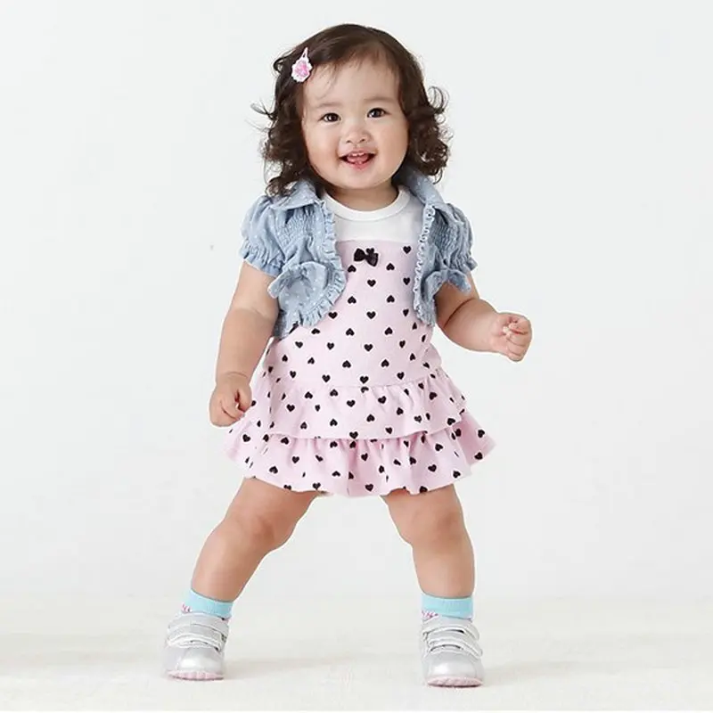 Baby Kids Girls Hearts Set Dress Bow Denim Jean Coat Outfits Costume 2 pieces Set roupas