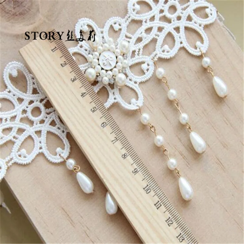 2018 Japan Fashion Pearl Beaded Handmade Sexy White Lace Wide Necklace Collar Neck Choker