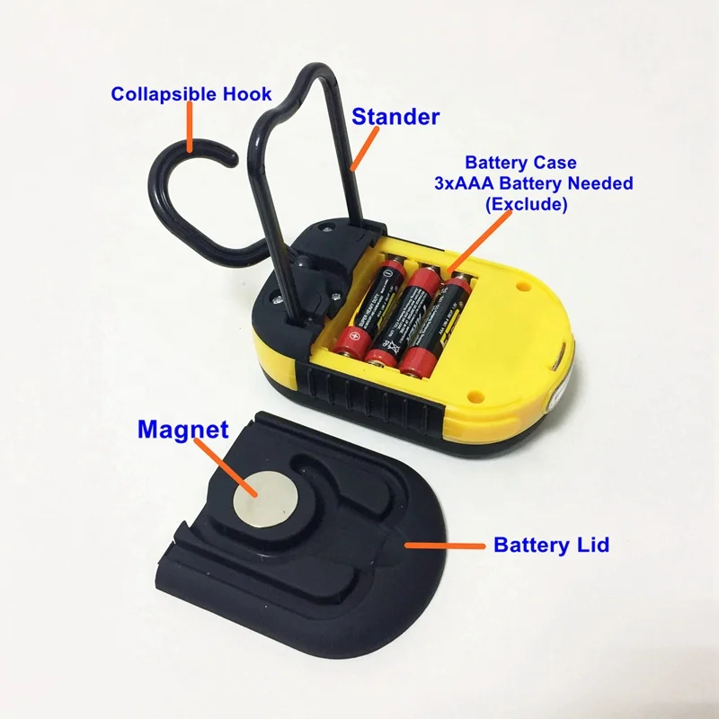 mini portable magnetic work light 3 W COB LED AAA Battery with Stand hook for camping repairing DIY lamp factory cheap price