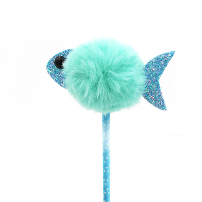 
2018 high quality lovely animal fish shape fuzzy pom pom pen kids ball pens 
