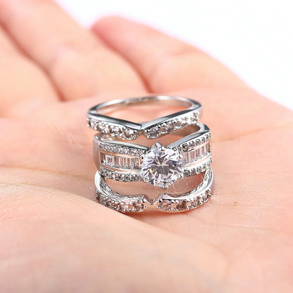 Oem design elegant fashionable low moq 18k white gold 3 piece cz engagement wedding rings sets for women YG018