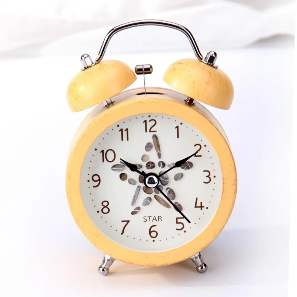 Metal twin bell alarm clock 3inch size with bamboo finishing case