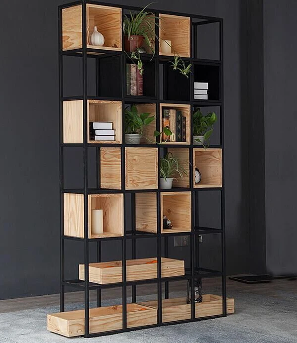 
Tall Cafe Shop Decoration Bookshelves Industrial Style Metal Frame And Wood Box Bookcase Large Black Wrought Iron Bookshelf 