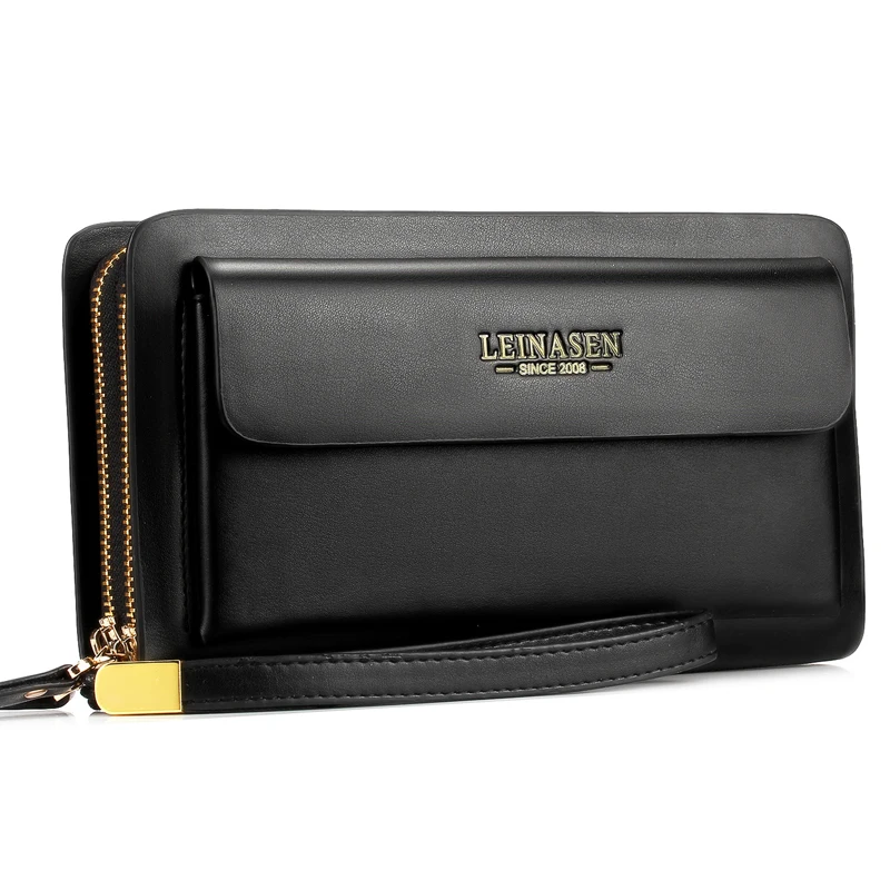 LEINASEN Brand Men Wallet coin pocket zipper Double Zipper Male Wallet long Large Men Purse coin clutch bag black Business