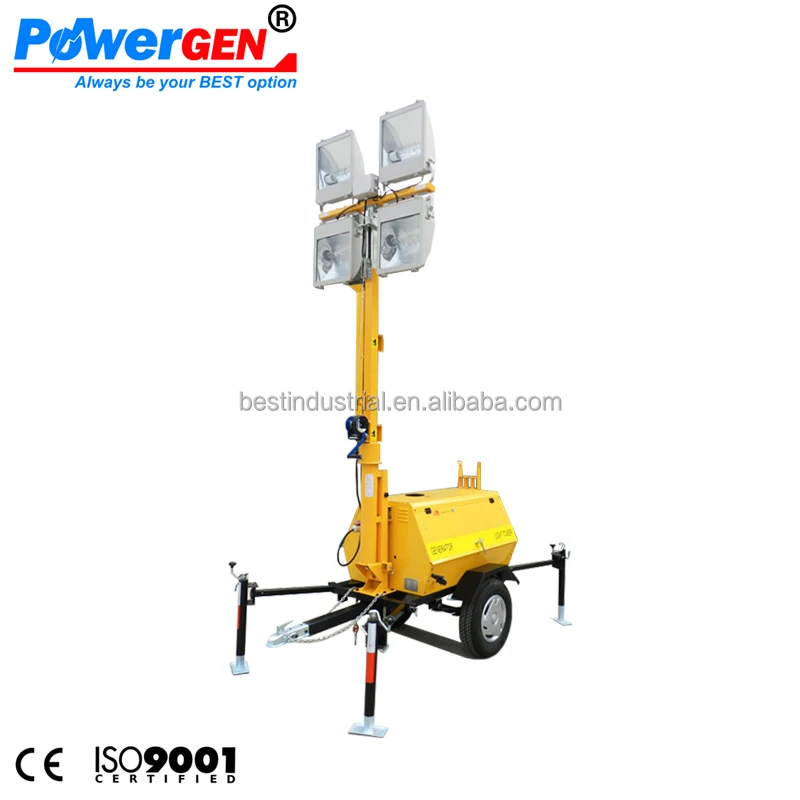 POWERGEN 8m high mast Lighting Tower 4x1000W with Trailer Diesel Generator 5KW for Mining and Construction