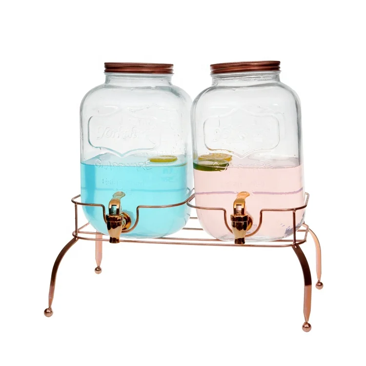 
glass double beverage dispenser on stand with lead free spigot 