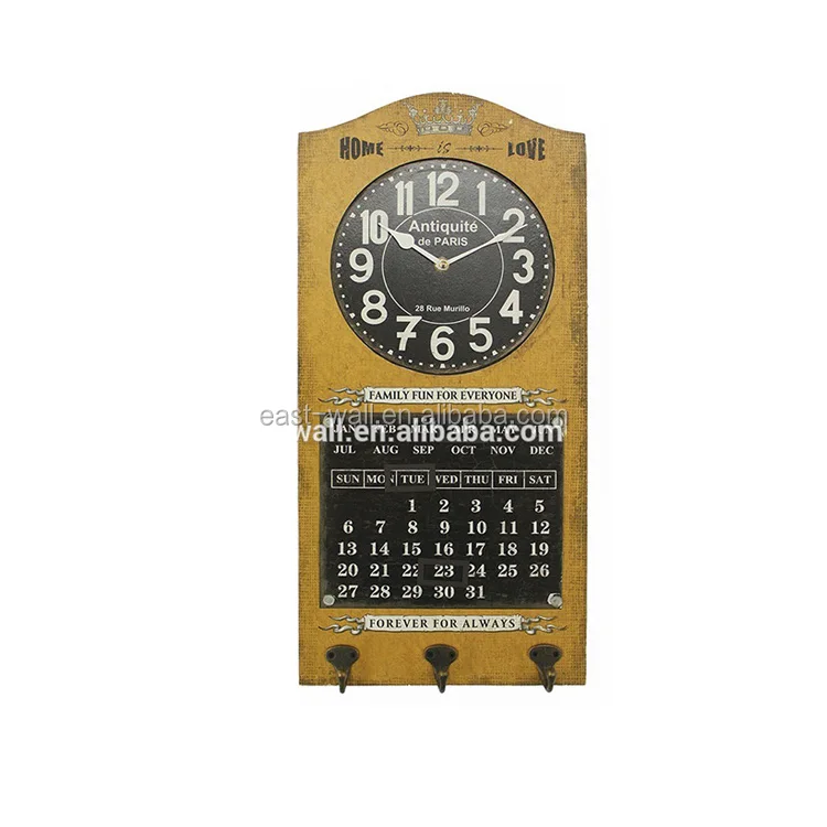 New Product Decorative Home Iron Vintage Calendar Wall Clocks with Hook