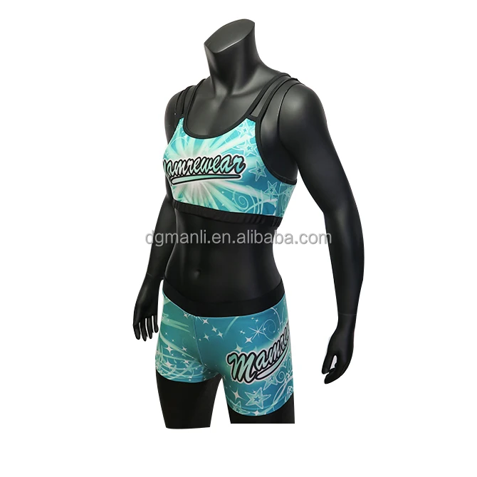 Mamrewear teal cheer uniforms,sublimation cheer short and cheer padded sports bra with hole in back