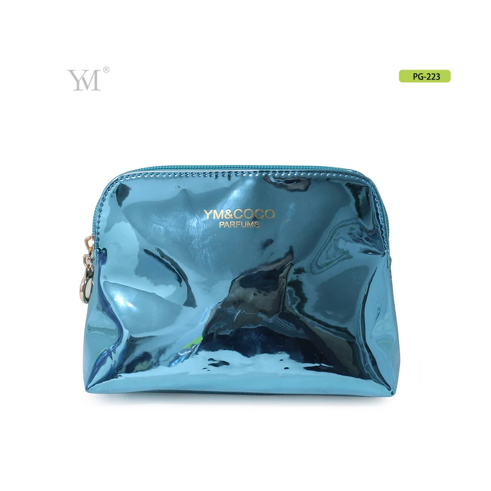 Shiny blue custom clutch travel makeup cosmetic set bag for gift