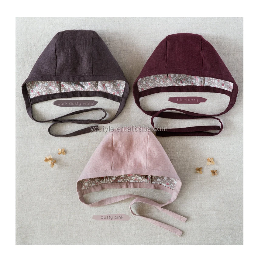 boutique baby bonnet in good quality linen dusty dark violet bonnet for baby caps