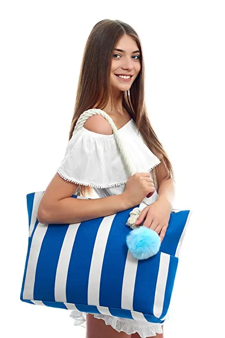 Large Canvas Shoulder Bag Beach Tote with Cotton Rope Handles and Cute Pompom