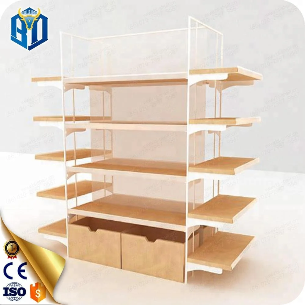 customized metal wooden miniso shelves for cosmetic store