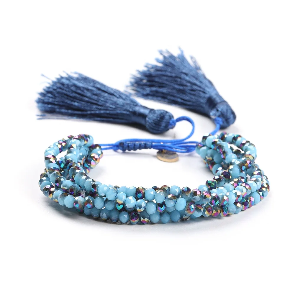 Moyamiya Boho Jewelry Multistrand 4mm Crystal Beaded 6 Layers Bohemian Tassel Bracelet Women