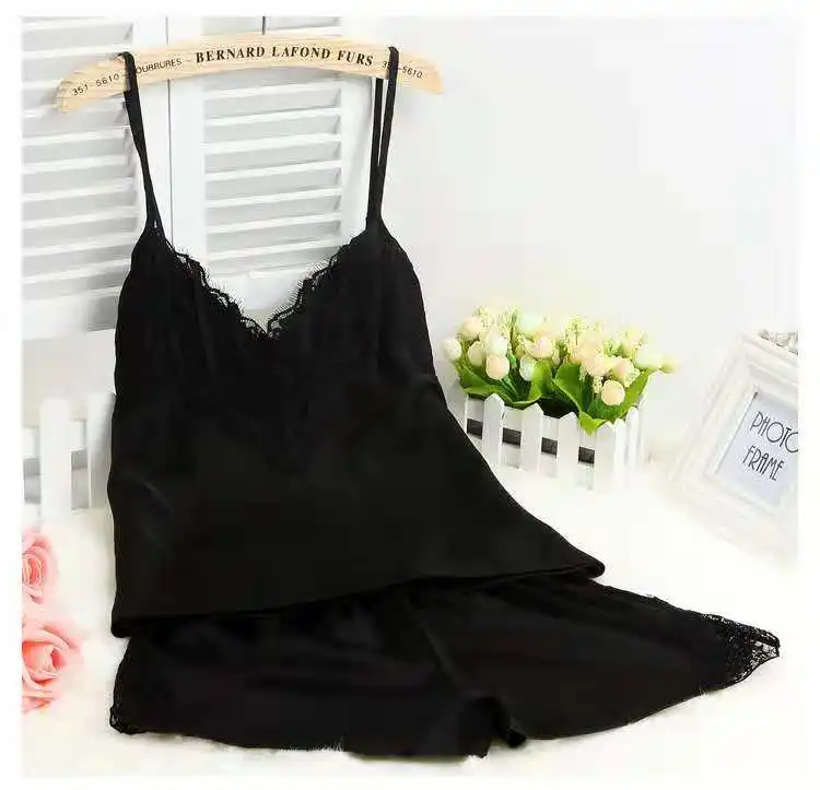 
Wholesale Stock Custom Women Nightwear Satin Silk Camisole Pajamas 