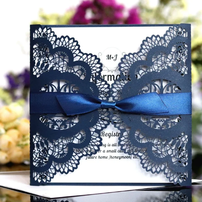 Beautiful wedding glitter invitation, laser hollowed box in pearl white