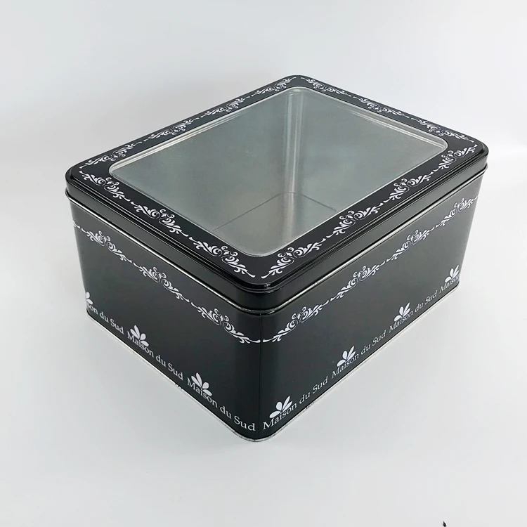 Черная прямоугольная жестяная коробка для печенья с окошком из ПВХ