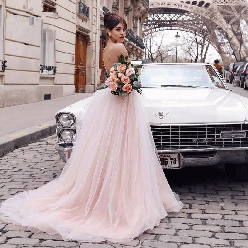 Romantic Blush Pink 3D Flower Tutu Wedding Dresses 2021 Sexy Backless V-neck Beach Bridal Gowns Champagne Lace Wedding Gowns