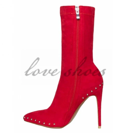 Sexy Ladies Shoes Red Suede Studded Pointed Toe Ankle Boots For Girls