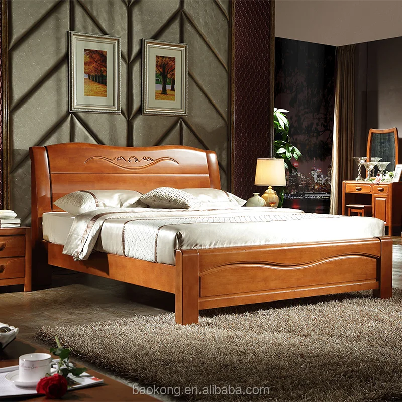 Wholesale Cheap Rubber Wood Carved Double Plank Bed