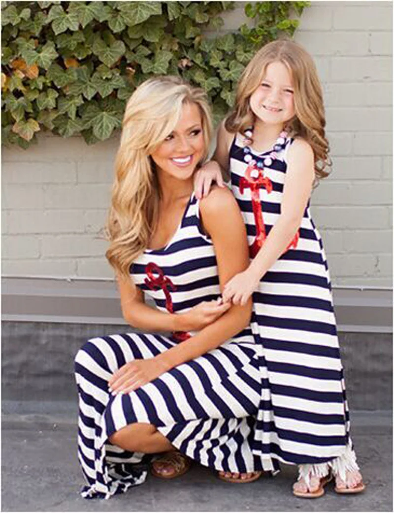 Summer Style Mom Girl baby Family fitted Navy style Sleeveless Casual Skirt the ankle Blue Striped