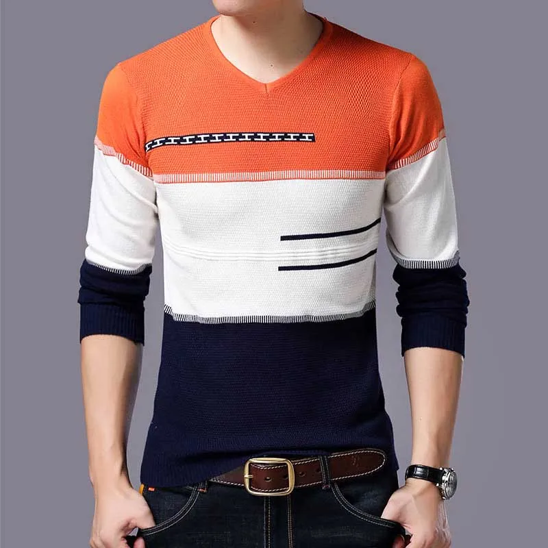 Мужской осенне-зимний тонкий акриловый вязаный джемпер в полоску с круглым вырезом