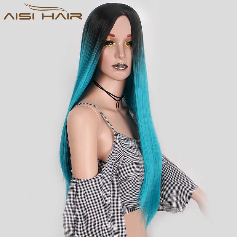 Aisi Hair Hot Selling Long Silky Straight Ombre Blue Color Wig Cheap Synthetic Cosplay Wigs For Black Women Heat Resistant Fiber