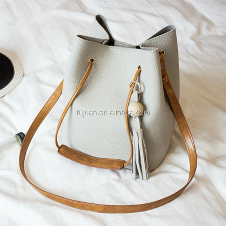 
High quality bag fabric pu leather litchi line long strap messenger bag 2 pieces metal small circle bucket bag purse organizer 