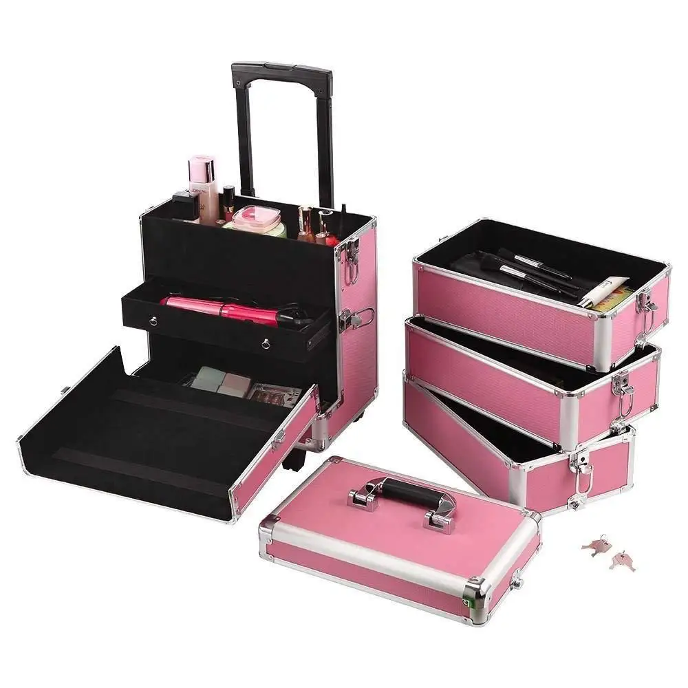 4in1 I Aluminum Cosmetic Makeup Suitcase Train Box Trolley Rolling Makeup Case with 360 Degree Wheels