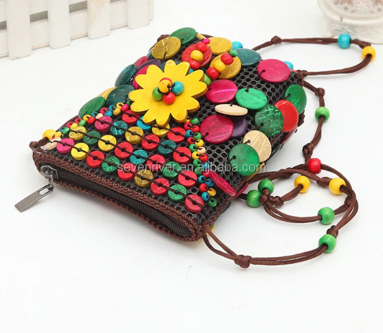 Handmade features beaded with flower zero wallet vertical mobile phone national style bag