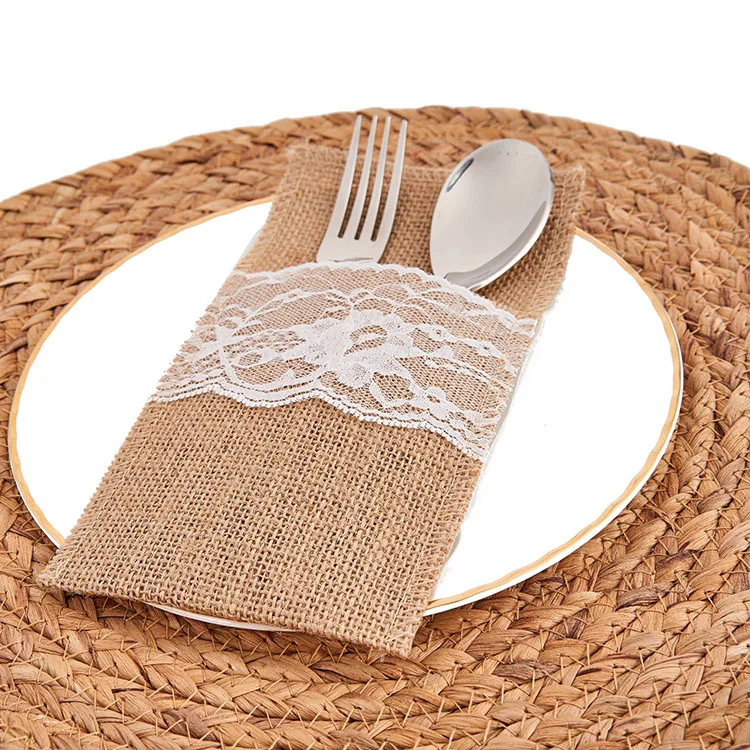 Wedding Decorations Bridal Shower Party Favor Burlap and Lace Cutlery Bags