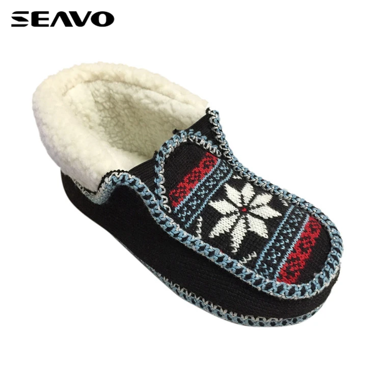 
SEAVO fashion custom made knitting upper design winter warm black women house slippers 