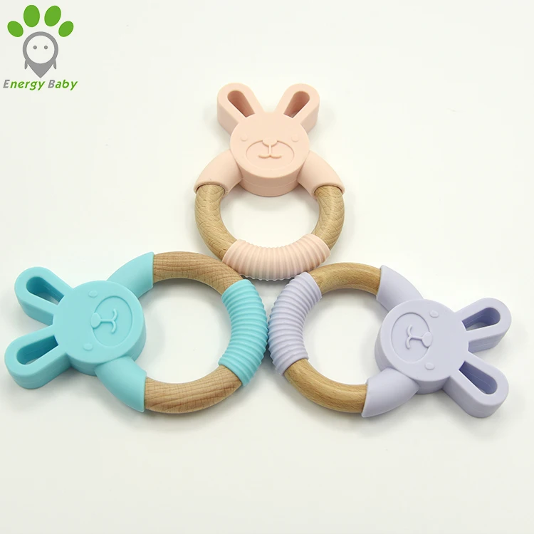 
BPA Free Orgnanic Baby SIlicone and Beech Wood Teether Ring Bunny Elephant Rabit Wooden Ring Teething Toy 
