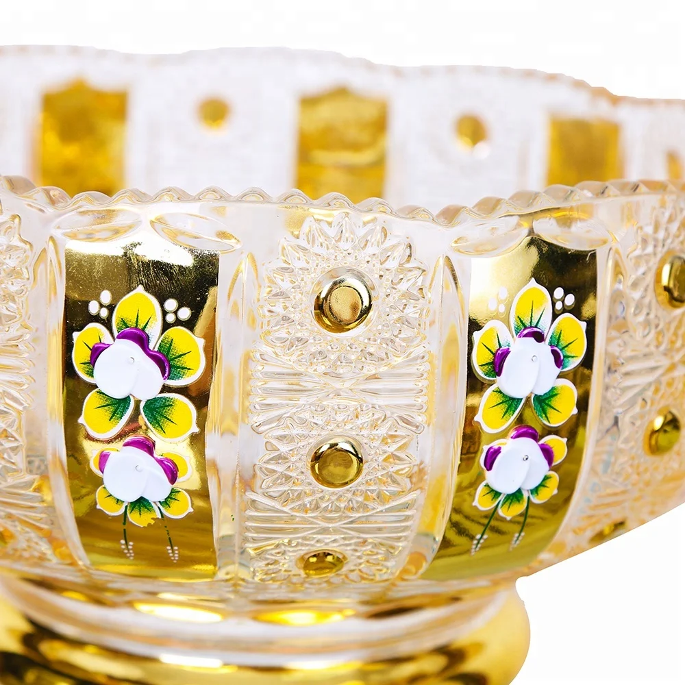 New Arrival Colored Enamel Fruit Tray Golden Fruit Dish Electroplating Glass Plate With Stand for Wholesale