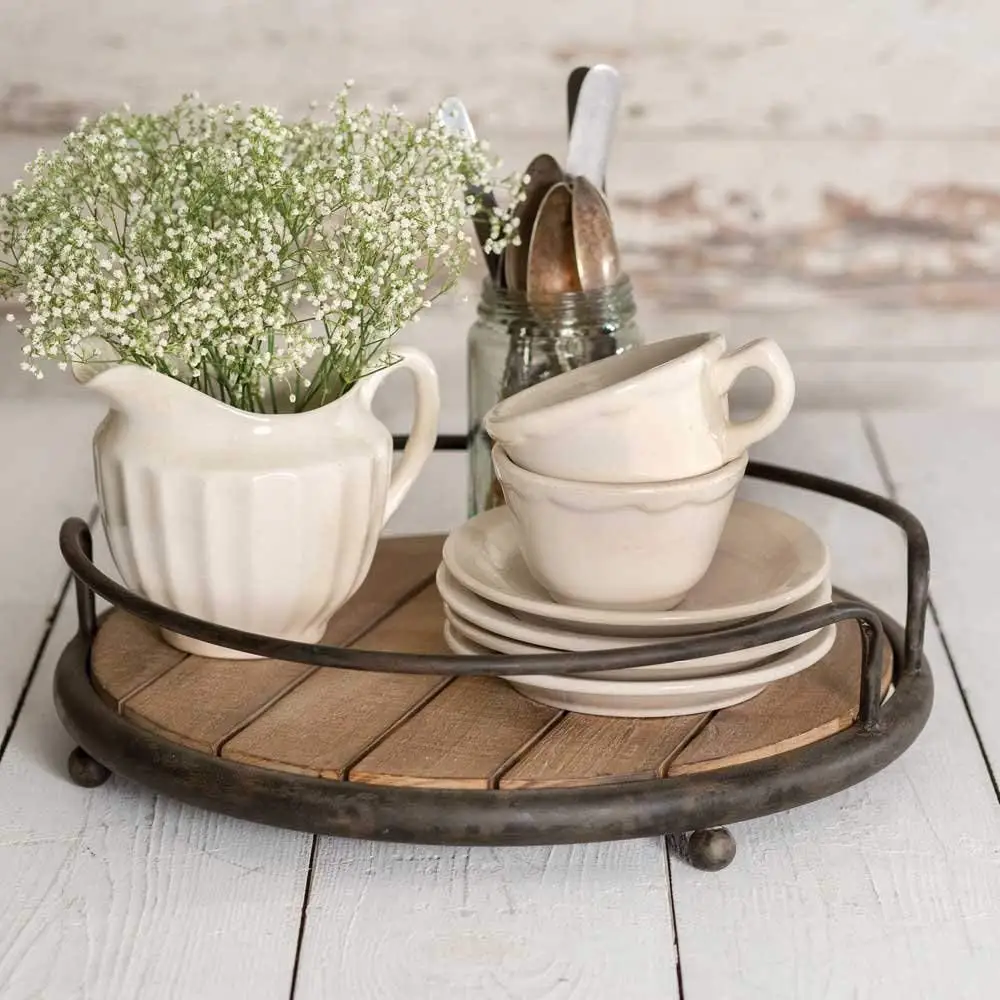 Decorative Weathered Farmhouse Shabby Chic Round Wood Plank Serving Tray