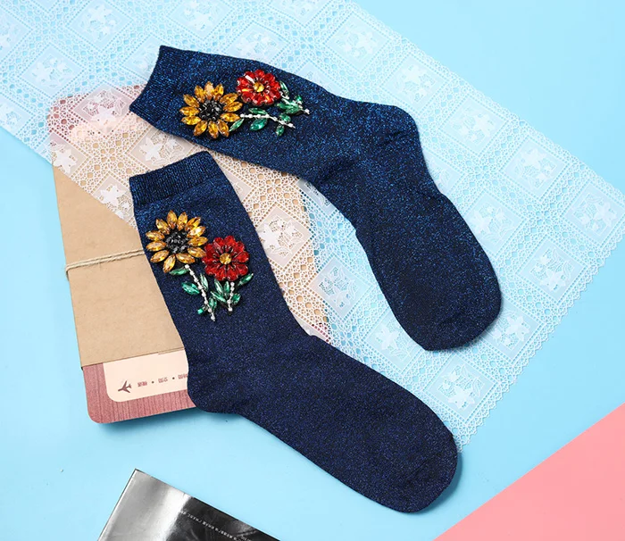 Женские носки со стразами, новинка, весенние носки до щиколотки с драгоценными камнями и цветами