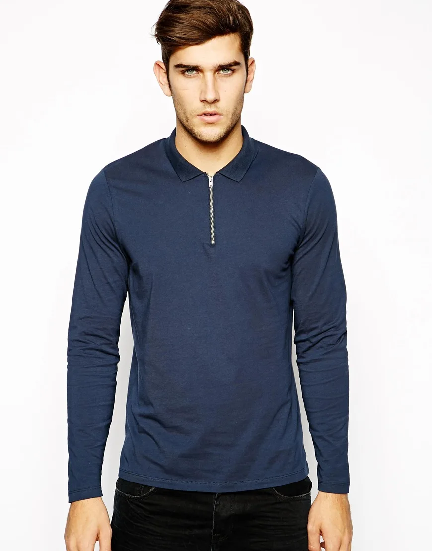cheap long sleeve polo shirts with zip front placket