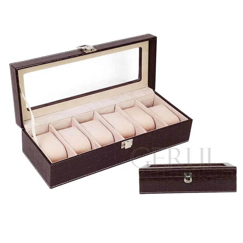 Luxury Flip Top Mens Wooden Watch Storage Box Rectangular Packaging 6 Slot Watch Display Case