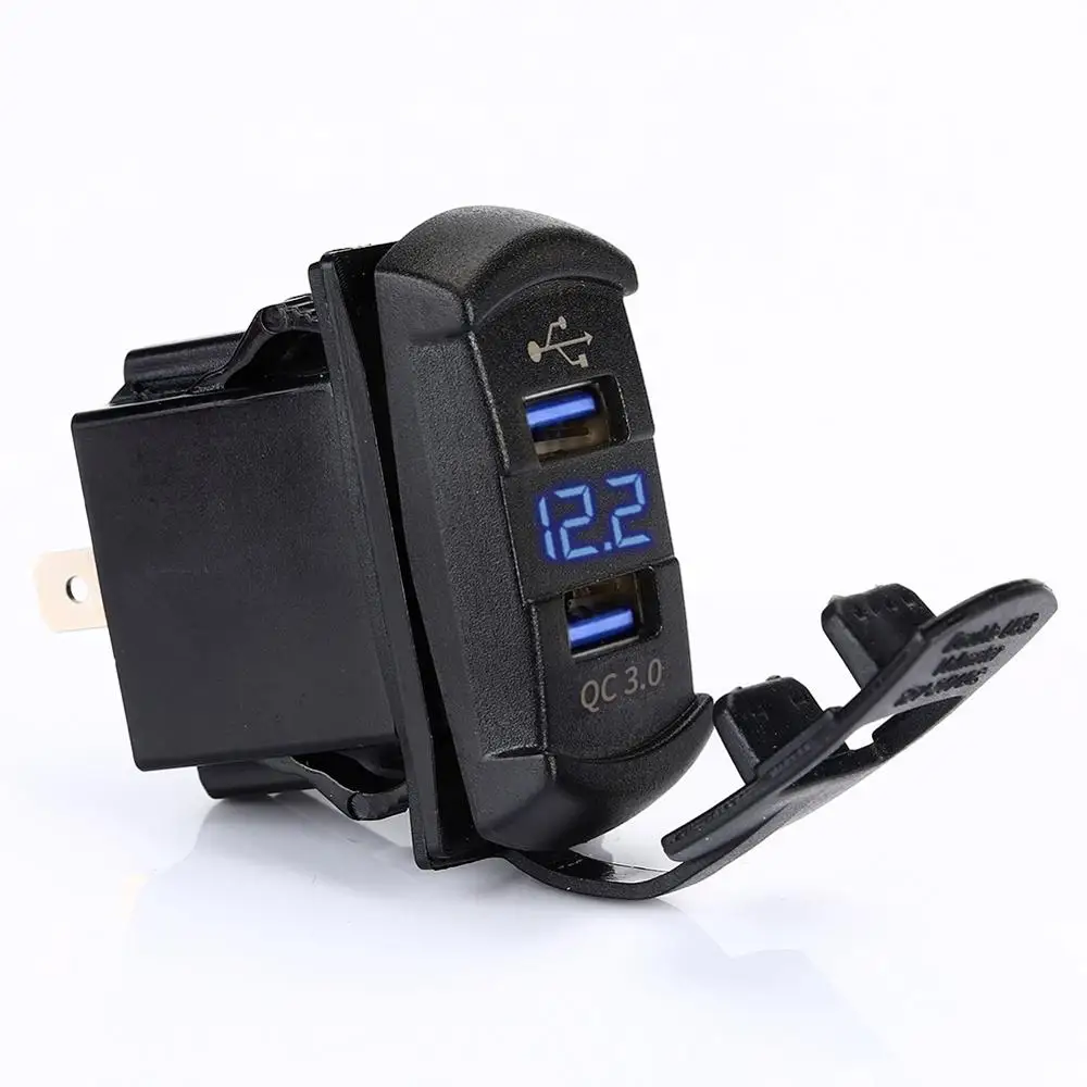 12V QC 3.0 Dual USB Rocker Switch Style Charger Blue Voltmeter for Boats CAR TRUCK MOTORCYCLE