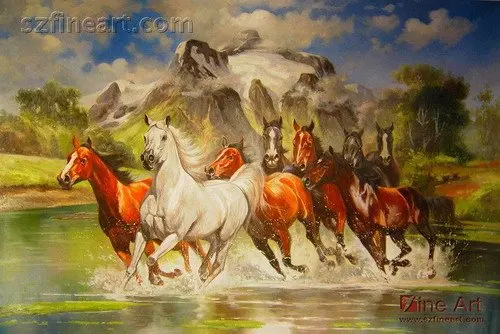 realist handmade animal oil painting of group running horses